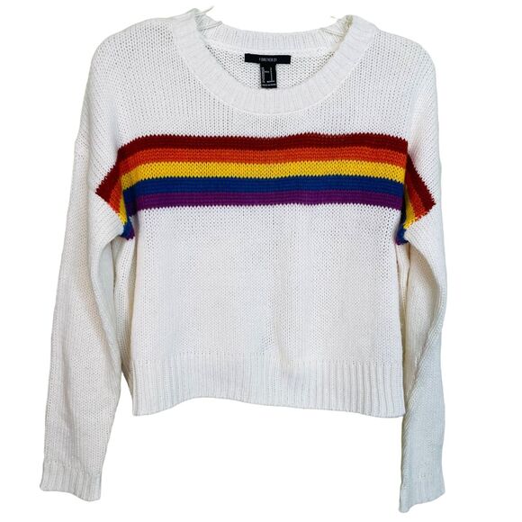 Forever 21 Rainbow Cream Sweater Cream Stripes Small Oversize Crop Size Small - Picture 1 of 6